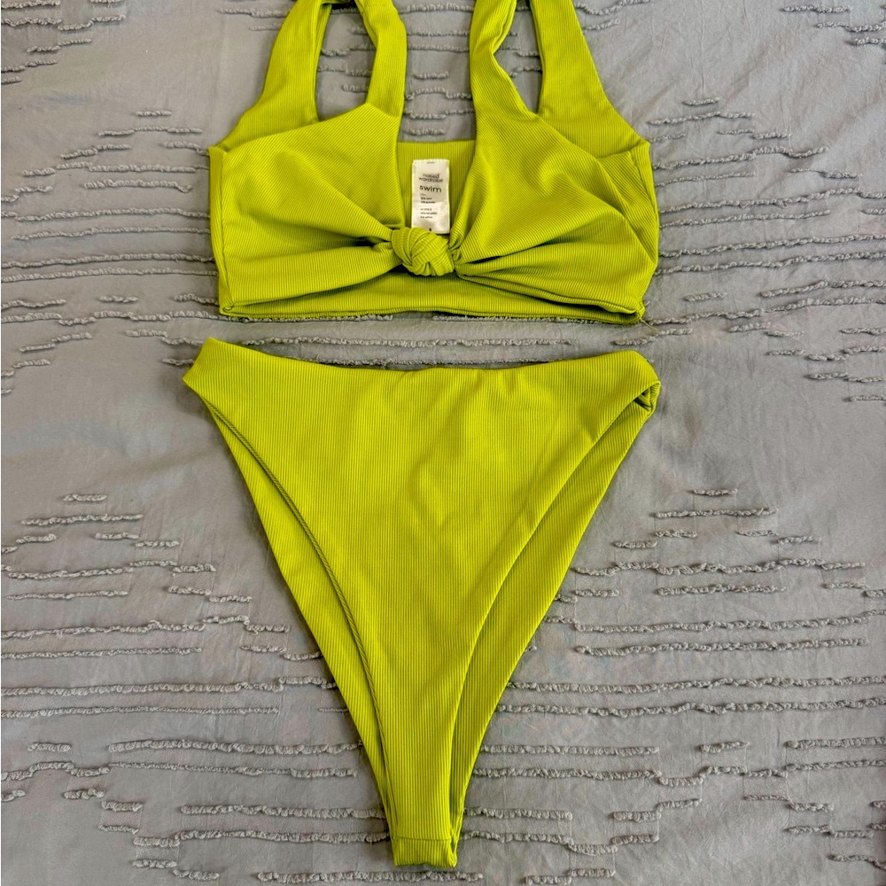 naked wardrobe Lime Green Ribbed Knot Bikini Set